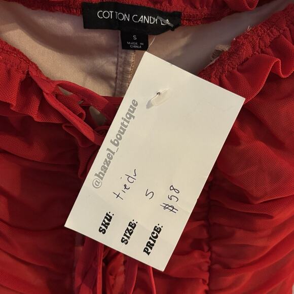 Cotton Candy Ruched Mesh Off Shoulder Corset Lace-Up Long Sleeve Dress Red Small - Picture 5 of 6